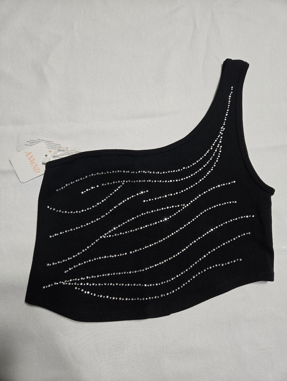 NWT ANWND One Shoulder Black Rhinestone Crop Top sz M/L